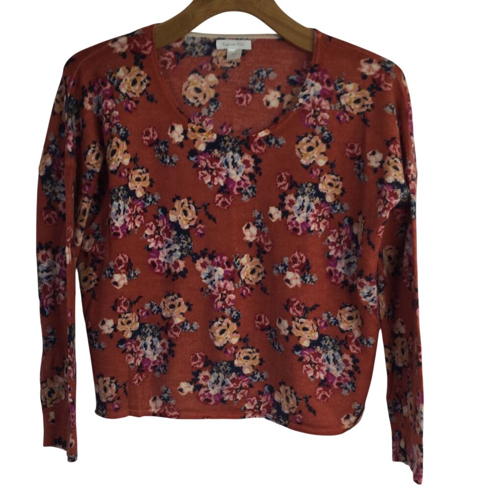 Garnet Hill Women's Merino Wool Boxy Sweater Scoop Neck Floral Multi Size Medium